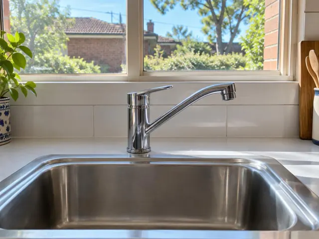 Chrome mixer tap over stainless sink with white benchtop and tiled backsplash in Killara